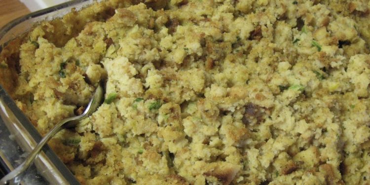 Step-by-step image guide on making herb-infused cornbread dressing, showcasing the golden-baked cornbread, fresh herbs, and the final delicious dressing ready to be served.